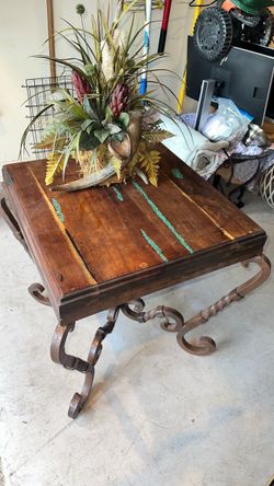 Iron & Wood Turquoise Resin Side Table +Centerpiece Custom High-End
