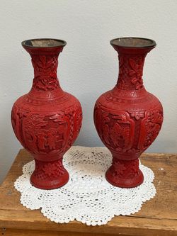 2 Antique Chinese Carved Cinnabar Lacquer Vases