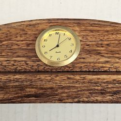Vintage Wooden Desk Clock w/ Gold Brass Dial – 7” Tabletop Mantel Clock Retro Decor