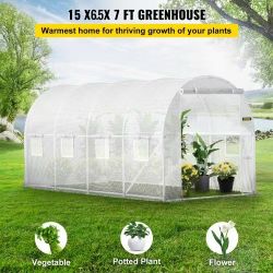 522*15 x 6.5 x 7 ft Walk-in Tunnel Greenhouse, Portable Plant Hot House with Galvanized Steel Hoops, 1 Top Beam, Diagonal Poles, Zippered Door & 8 Rol