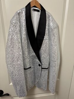 Silver Sequin Blazer with Black Satin Lapel size L