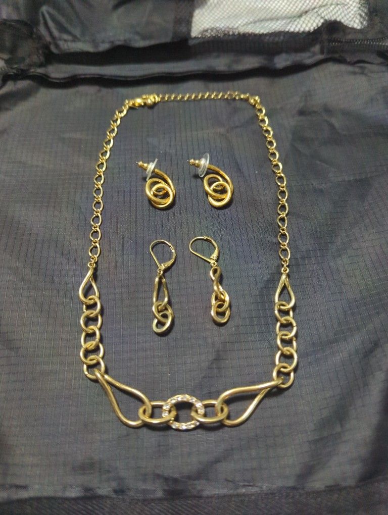 Gold Plated Chain & Two Sets Of Earrings.