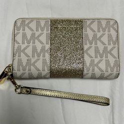 Michael Kors Monogram Gold/Vanilla Glitter Center Stripe Large Wallet 35H7XIJE9B