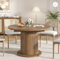 59" Extendable Round Dining Table for 4-6, Modern Oval Kitchen Table with Fluted Base, Circle Dining Table for Living Room, Walnut