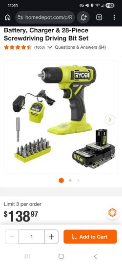 Ryobi ONE+ 18V Cordless 3/8 in. Drill/Driver Kit with (1) 2.0 Ah Battery, Charger & 28-Piece Screwdriving Driving Bit Set