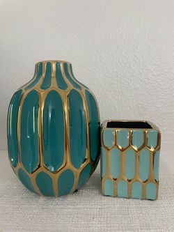 Vase set, turquoise & gold