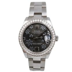 Ladies Rolex 31mm Midsize DateJust Stainless Steel Watch with Floral Dial and Diamond Bezel. (Pre-Owned 178384)