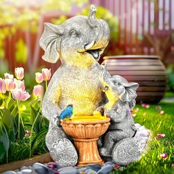 GIGALUMI Solar Garden Statues Bird Bath Elephant 9", Loving Elephant Decor, Yard Decorations Outdoor, Elephant Figurine Lights for Outside, Garden Dec