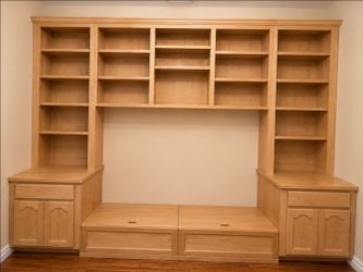 Solid wood Murphy bed with built-in shelves & cabinets