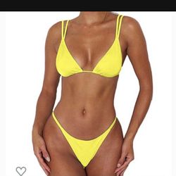 New Brazilian /Miami heat style yellow double straps triangle top skin top high leg thong string  bikini /swimsuit/swimwear/bathing suit / body suit /