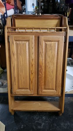 Very Large oak bathroom wall mount cabinet with towel bar