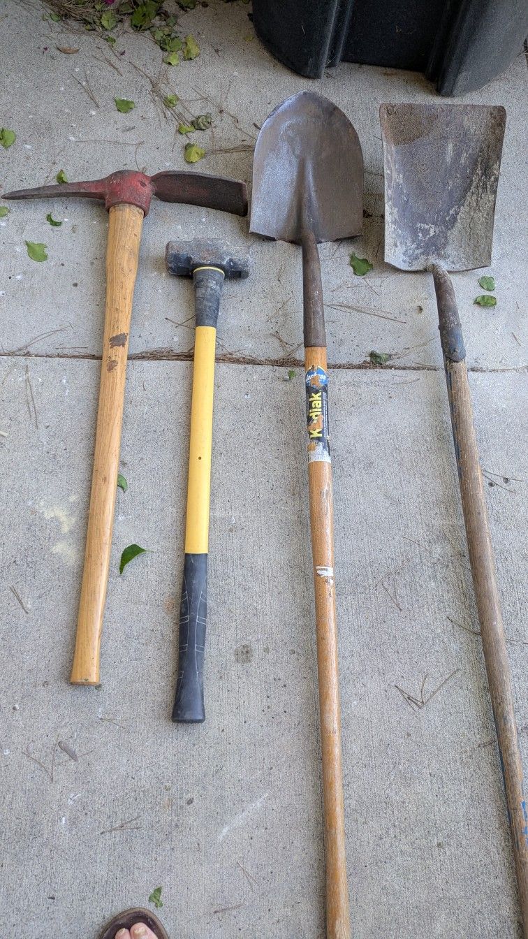 2 Shovels, Pick Axe, 8 lb Sledge Hammer
