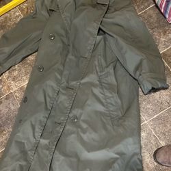Military Rain Coat Button Up With Pockets And Inside Liner Dark Green Color