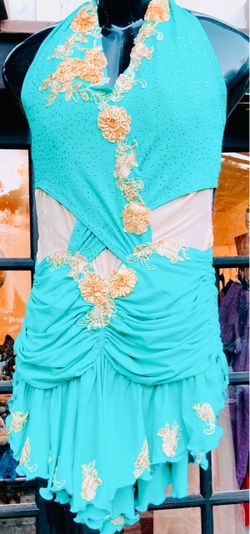 Turquoise Halter Dance Dress with Gold Floral Appliqué