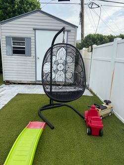 Black Wicker Hanging Egg Chair with Stand – Outdoor Patio Swing Chair