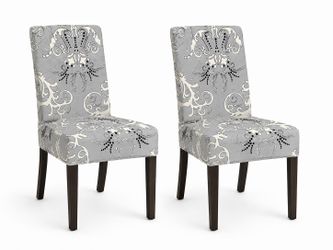 Set of 4 Subrtex Stretch Dining Chair Slipcovers – Gray & Ivory Damask – Universal Fit