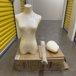 Brand New Female Mannequin Head Torso Dress Form Adjustable Stand Metal Base Beige Gold