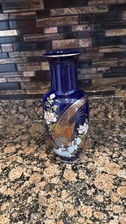 Cobalt Blue Porcelain Vase Pheasant Floral Bamboo Gold Rim 12 Inch Japan