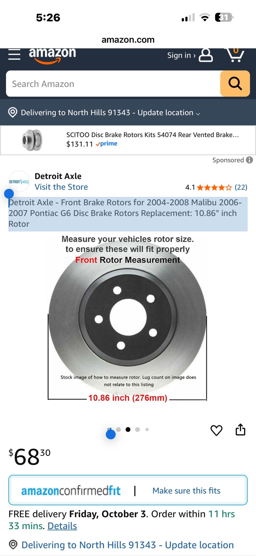 Detroit Axle - Front Brake Rotors for 2004-2008 Malibu 2006-2007 Pontiac G6 Disc Brake Rotors Replacement: 10.86" inch Rotor