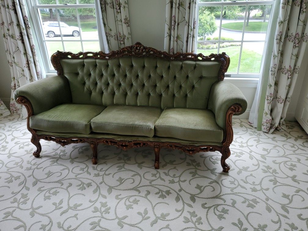 Beautiful Carved Antique Green Velvet Couch