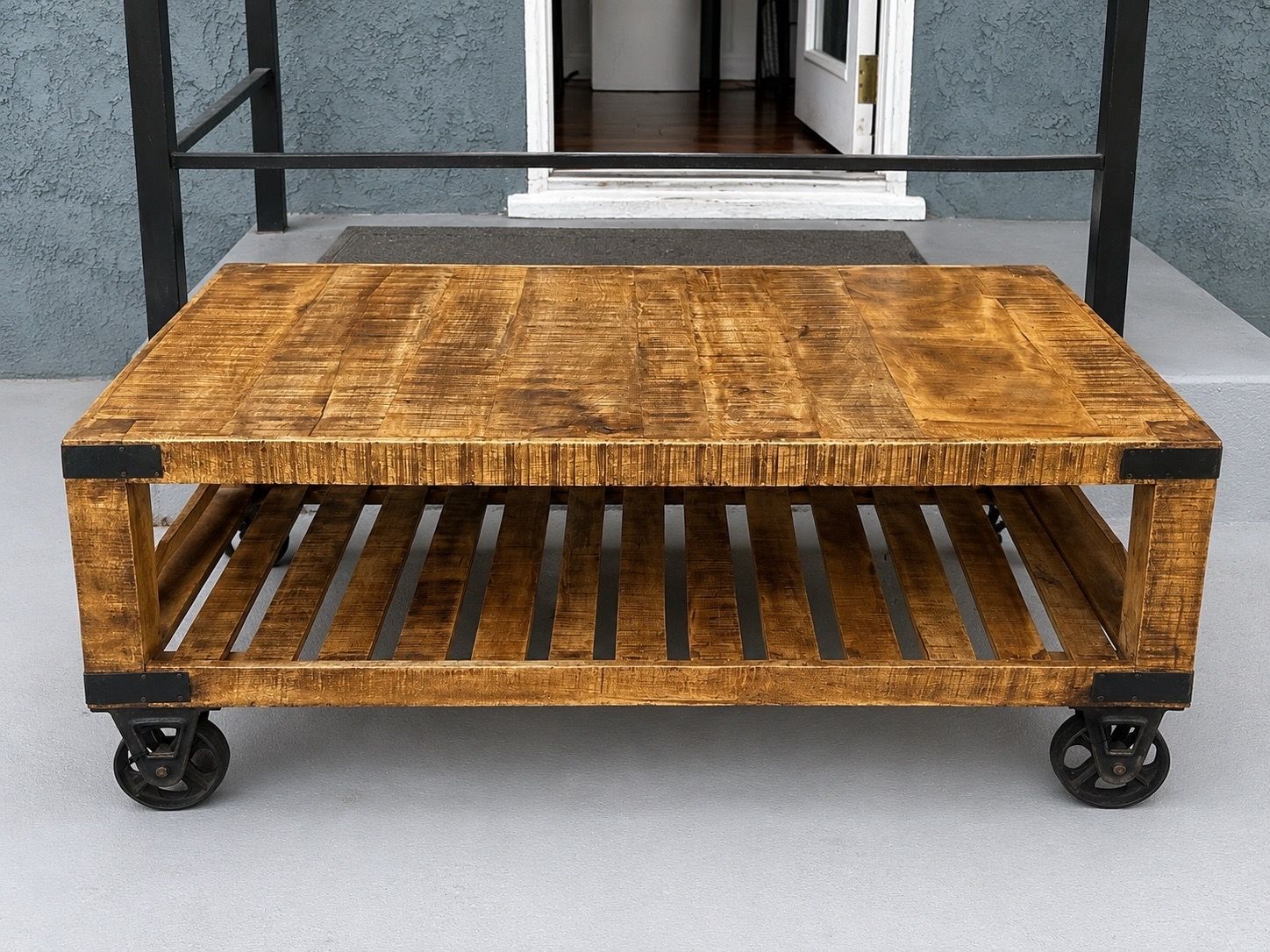 Restoration Hardware Style Rustic Industrial Rolling Coffee Table – 4ft Solid Wood Cart Table