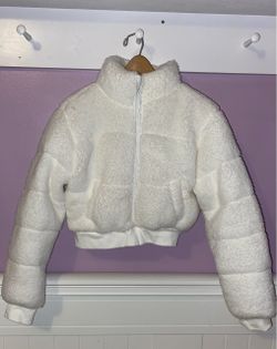 White Sherpa Cropped Puffer Jacket