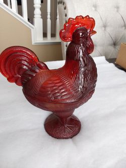 Red Glass Rooster Covered Candy Dish