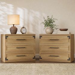 Oversized Nightstands Set of 2 with 3 Storage Drawers 31 Inch Wide Night Stand Modern Extra Large Bedside Table - Farmhouse Tall Bed Side Tables for B