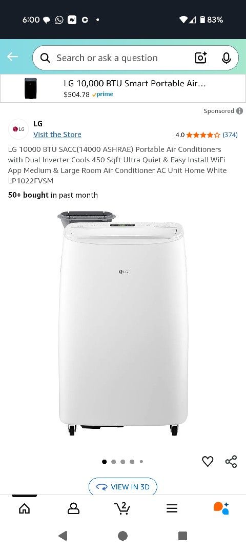 LG LP1022FVSM Dual‑Inverter Portable AC App Controlled ** Brand New ** 450 SQ FT