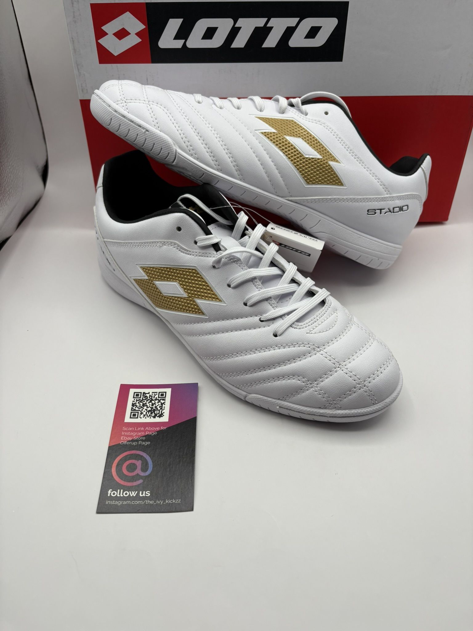 New Lotto Stadio 705 White Gold Indoor Soccer Shoes Mens Size 6.5 And 13