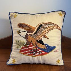 Vintage Embroidered Patriotic American Eagle Pillow 12.5” x 12.5” Needs a wash 