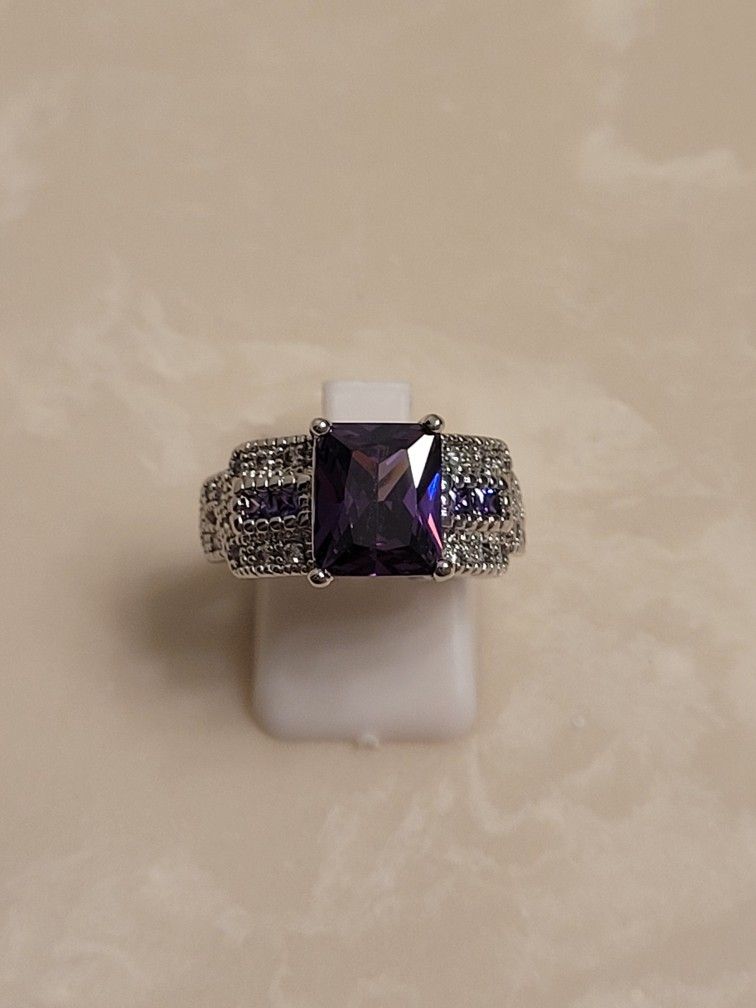 925 Silver CZ and Amethyst Ring Size 7