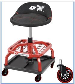 Rolling Stool with Red Wheels, Heavy Duty Garage Work Mechanic Rolling Shop Stool with Backrest, Adjustable Height 360°Swivel Roller Mechanic Chair wi