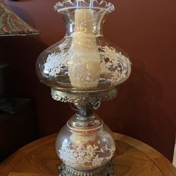 Vintage 1971 L&LWMC Hurricane Lamp. Painted Floral Design 