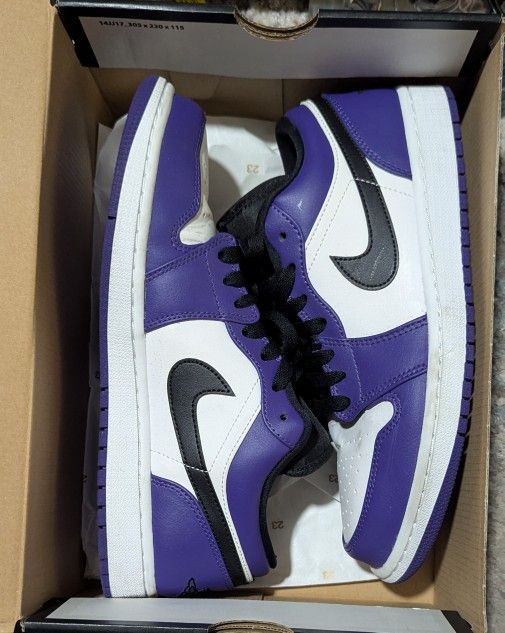 Size 9- Jordan 1 Low Black/Court Purple/White Used With Box