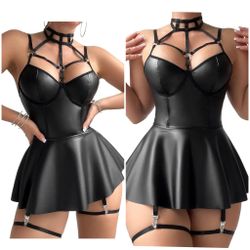 Sexy Strappy Leather Underwire Choker Garter Belt Mini Lingerie Set Dress with Thong 3 Piece