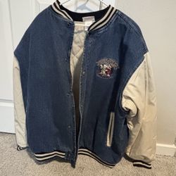 DISNEY Seven Dwarves Denim Bomber Jacket VTG 90s Embroidered Coat Jean XXL