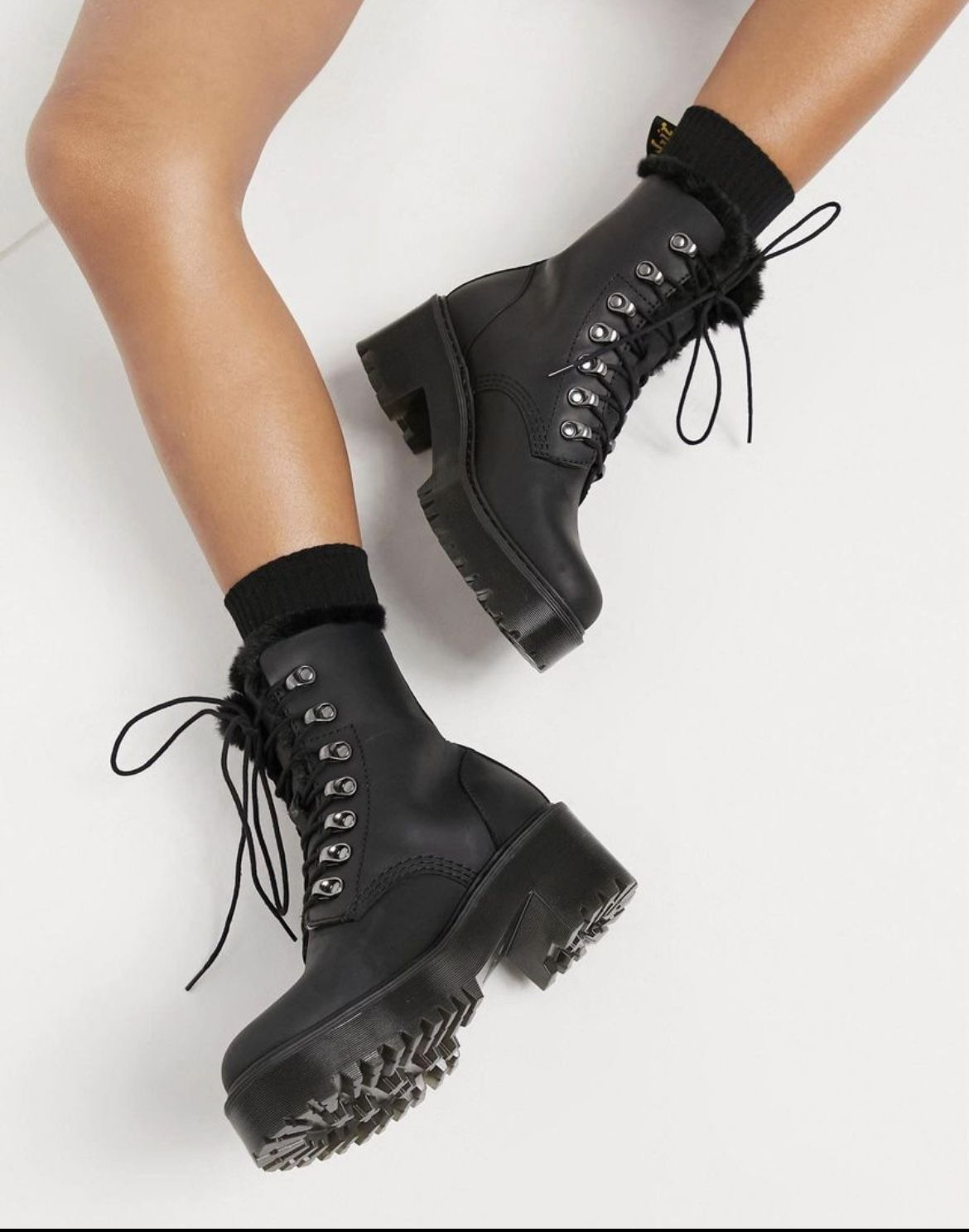 Dr Martens LEONA FAUX FUR PLATFORM LEATHER BOOTS