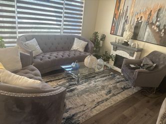 Gray Velvet Tufted Sofa Set with Nailhead Trim