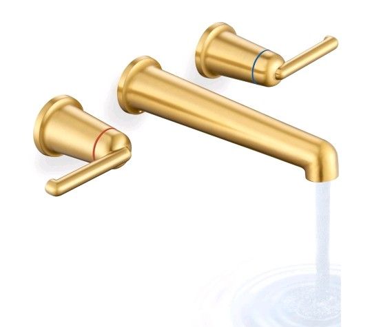 Wall Mount Bathroom Faucet, Widespread 3 Holes Brass Vessel Faucets for Bathroom, Two Handles Brushed Gold Wall Mounted Bathroom Sink Faucets SZ9905BG