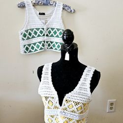 Sizes S & M White, Yellow and Green Crocheted Knit Cropped Sleeveless Vest Halter Tops with Button Closures by Julia. White and Yellow is a Size Mediu