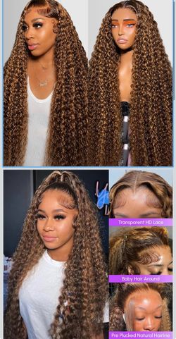 🔥Brand new🔥 28Inch Honey Blonde Wig Human Hair Deep Wave 13x6 HD Ombre Lace Front Wigs P4/27  Curly Human Hair Wig 200 Density Pre Plucked Human Hai