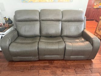 Gray Leather Power Reclining Sofa With Console