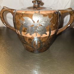 Antique Brown Pottery Sterling Silver Overlay Sugar Bowl  5” Tall Coffee /Tea