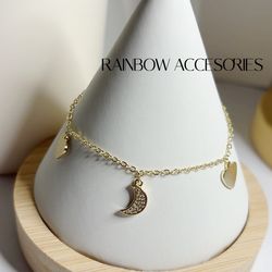 Gold Plated 14K bracelet with hearts and moon charms