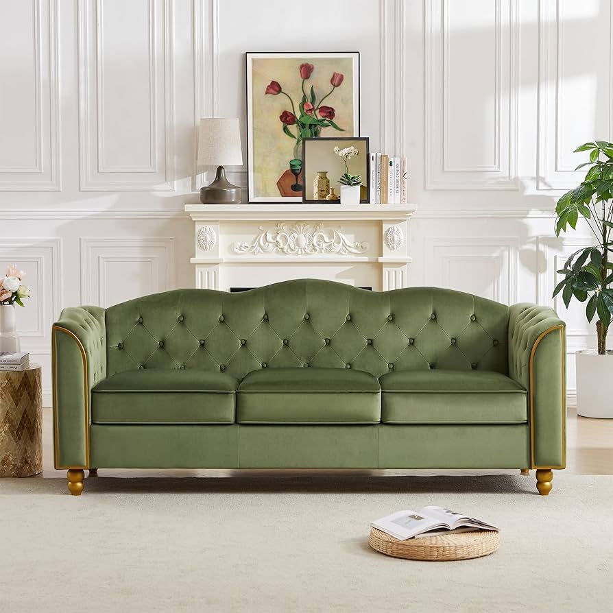 78" Velvet Sofa Couch, Soft 3 Seater Sofa Couche for Living Room, Button Tufted Comfy Couch Modern Sofa with Upholstered Cushion, Gold Trim, Solid Woo