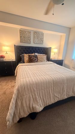 Blue Modern Velvet Bed Frame with Side Tables