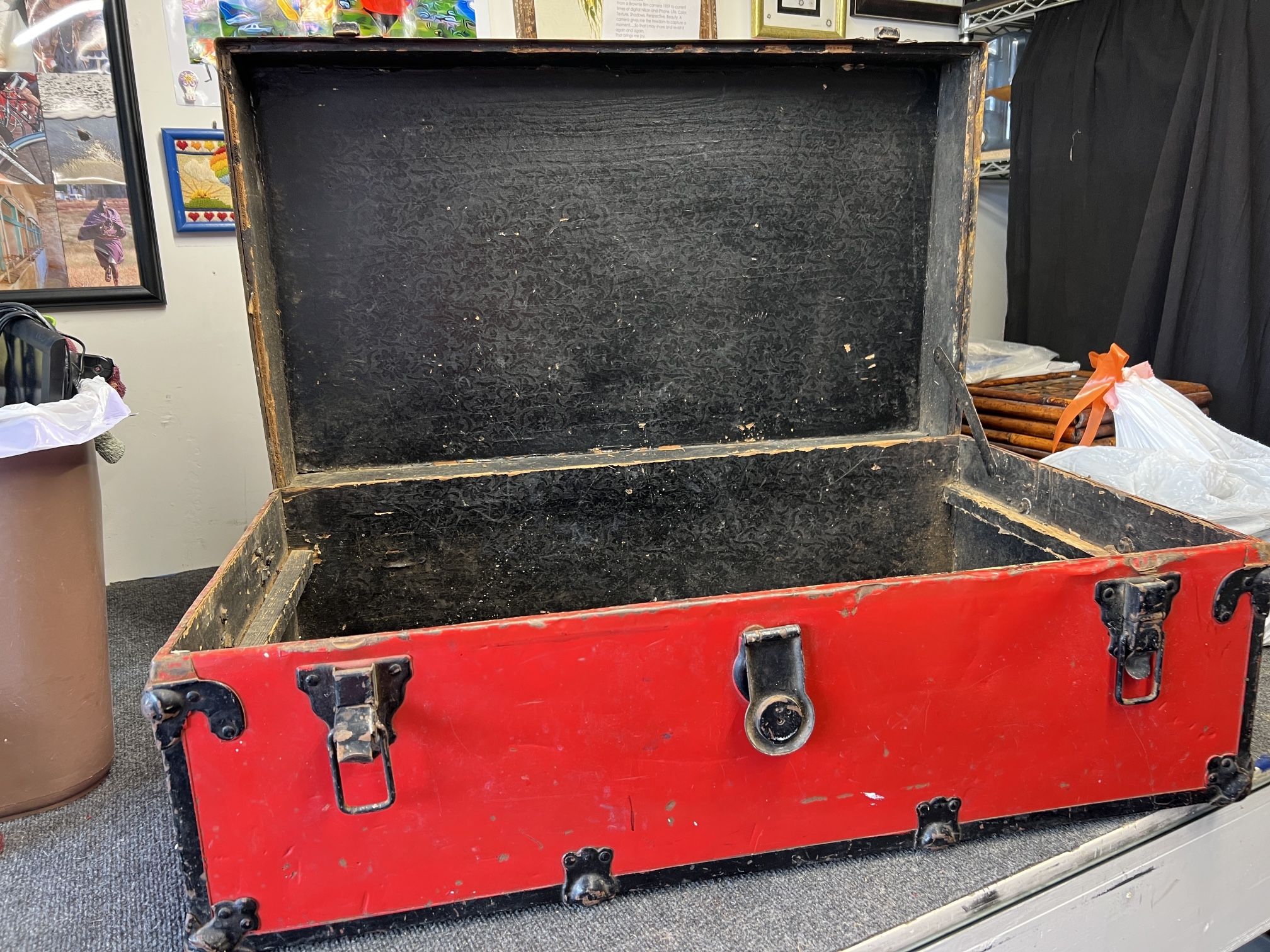 Vintage Red N Black Metal Foot Locker, Trunk