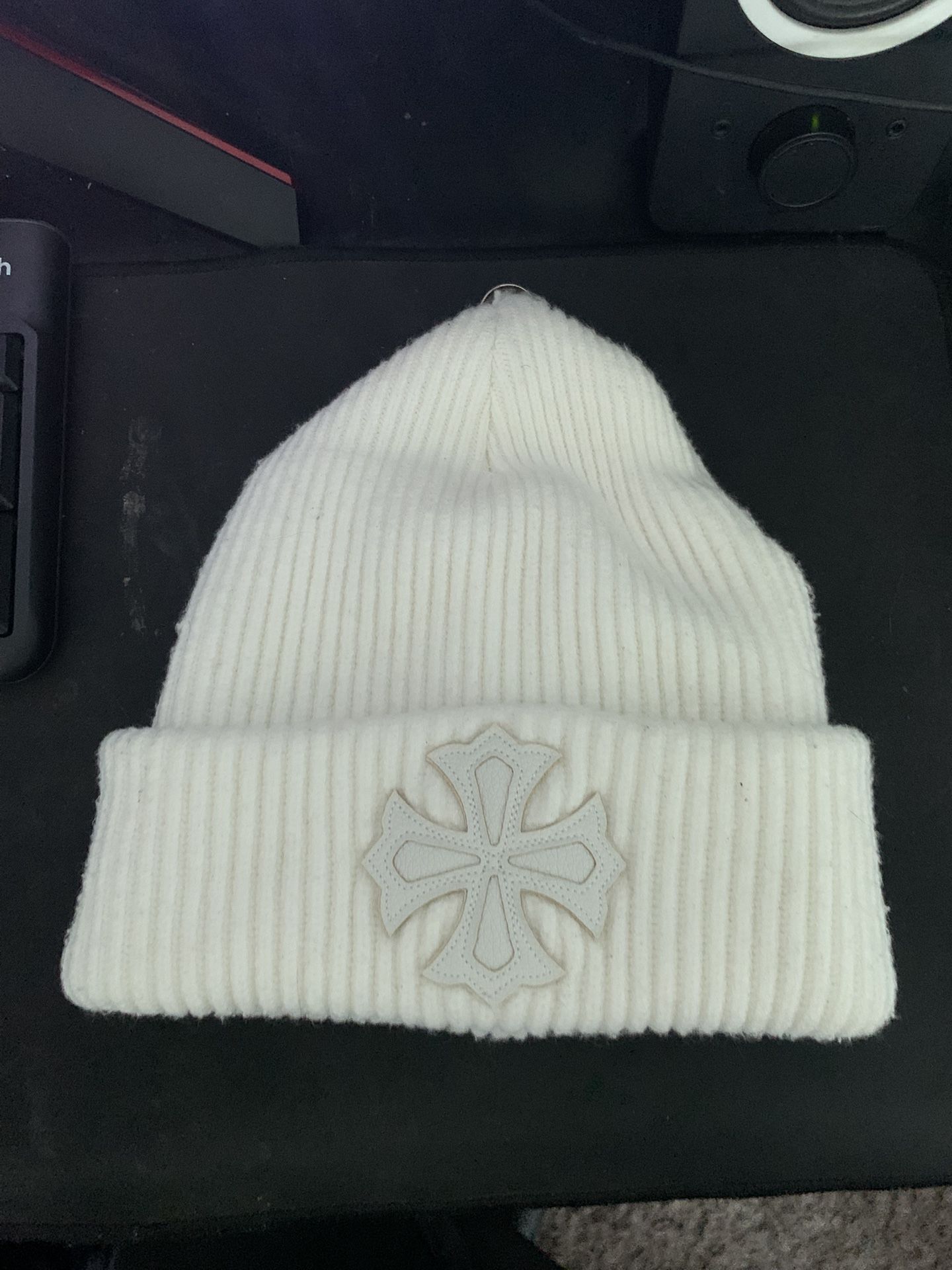 Chrome Hearts Leather Patch White Beanie