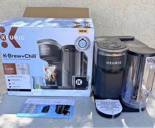 New Keurig K-Brew+Chill single serve coffee maker is black with a 70 oz removable water reservoir. This model has multistream technology and a quickch